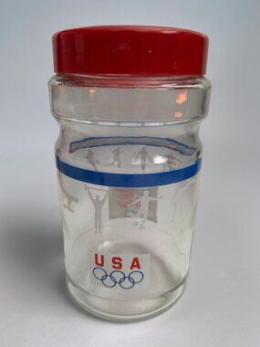 1988 Maxwell House USA Olympics Glass Jar W/ Red Lid Sponsor Graphics 7" Tall